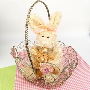 STUFFED MOM & BABY BUNNIES, VINTAGE 12" WITH JEWELED WIRE BASKET, LIKE NEW
